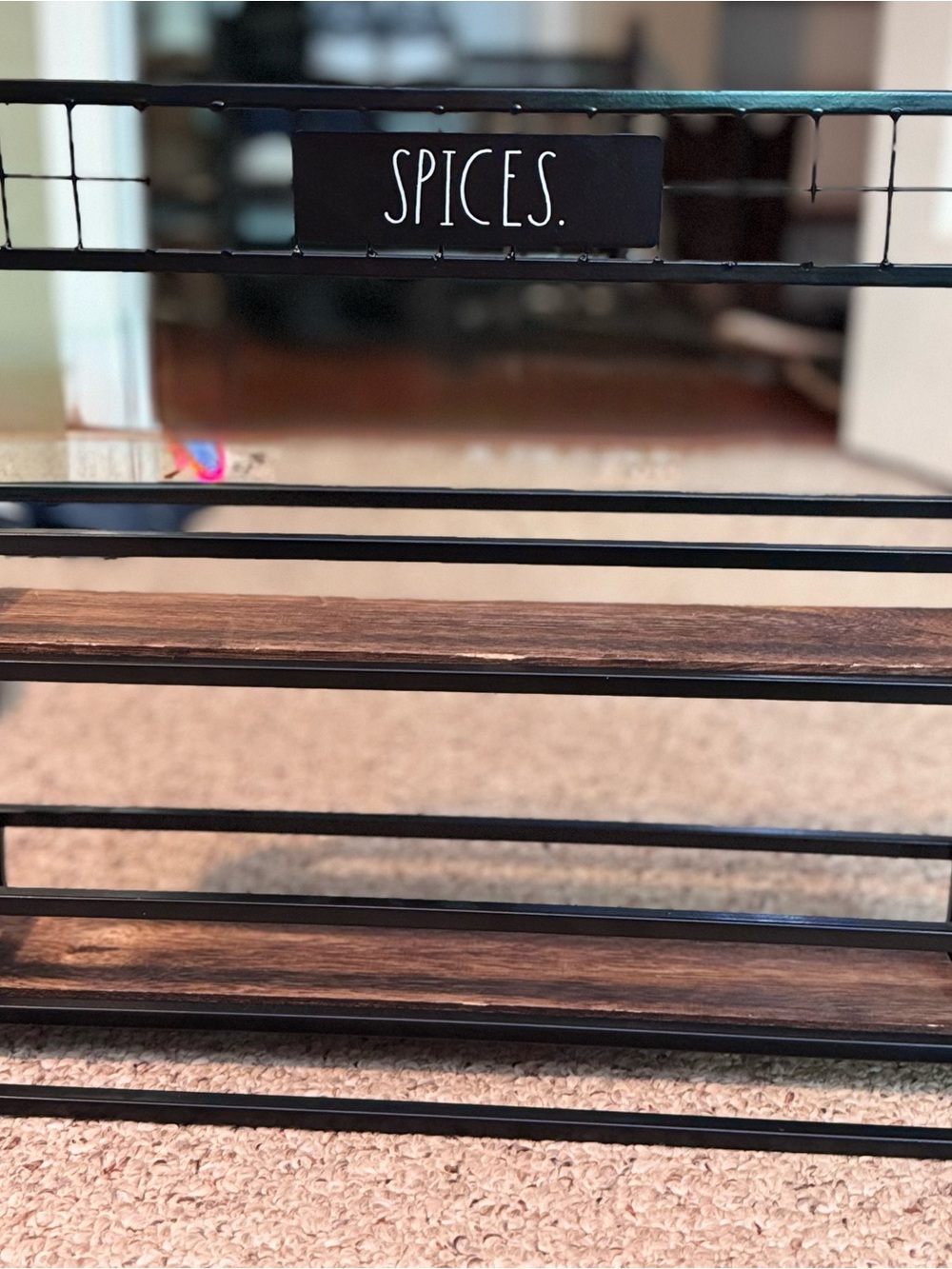 Rae Dunn Black Metal 'SPICES.' Rack with Dark Wood Shelves